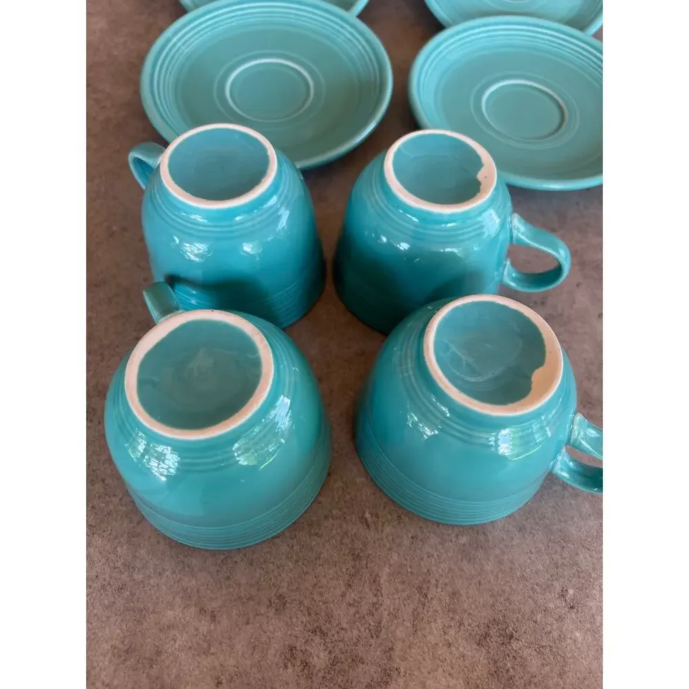 Fiestaware vintage turquoise blue teacup & saucer plate set lot 8 pieces aqua